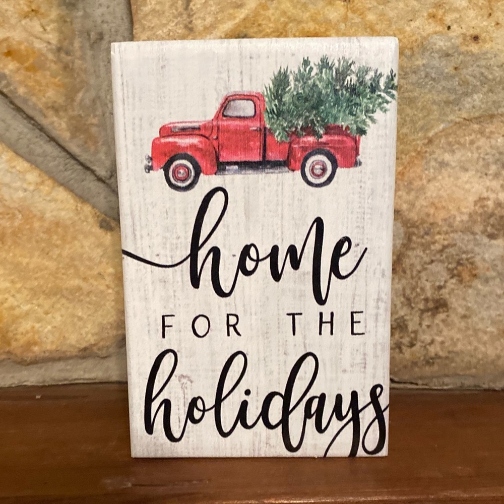 Farmhouse Home For The Holidays Red Truck & Christmas Tree Wood Tier Tray Sign